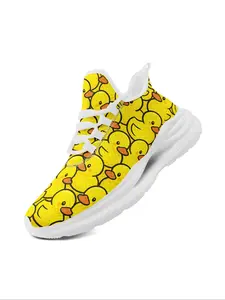 Women's Trendy Funny Print Casual Sneakers, Yellow Duck Pattern Design Athletic Sports Shoes with Midsole Suspension, Fashion Streetwear Lace-Up Trainers for Daily Wear Footwear