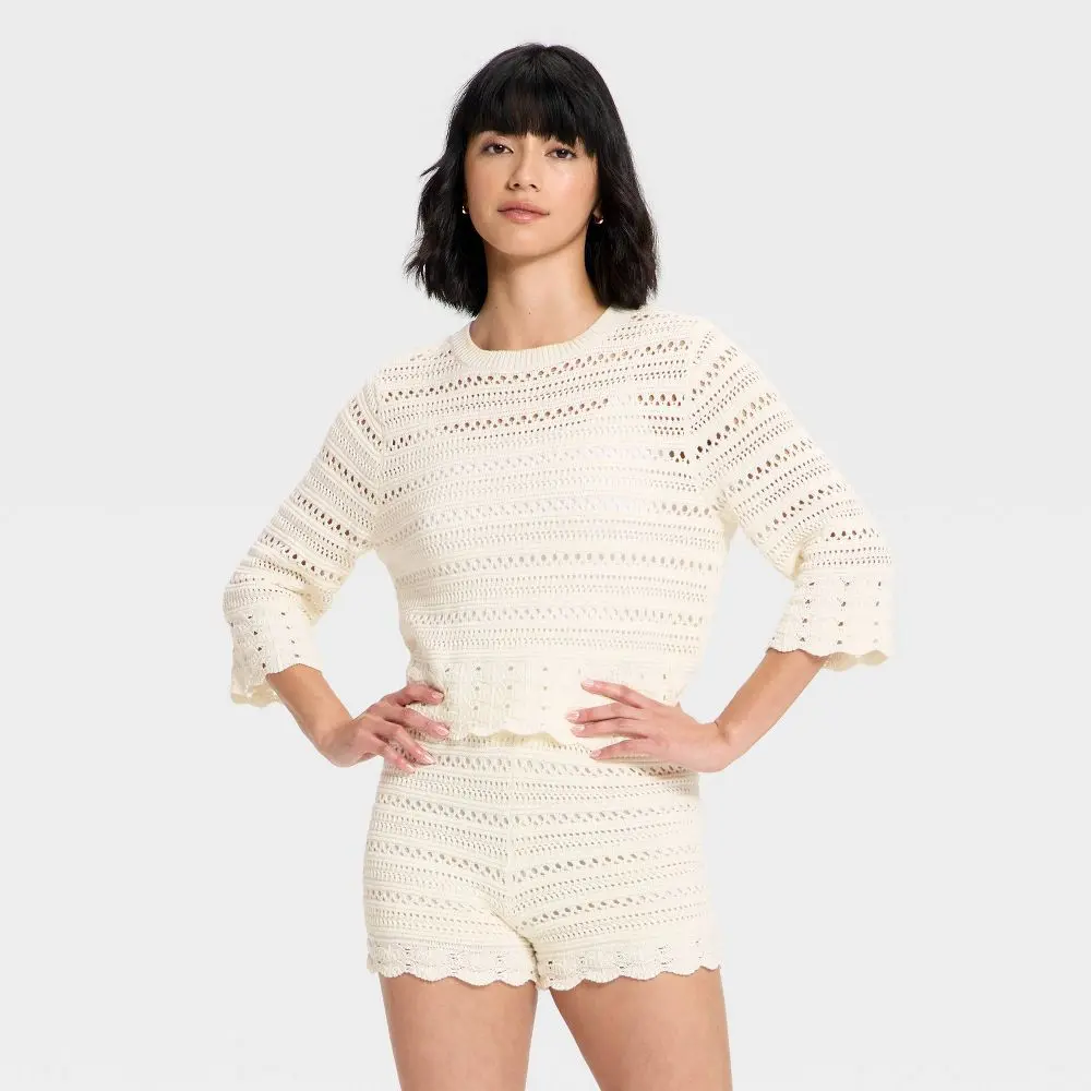 Women's Quarter Sleeve Openwork Crewneck Pullover Sweater - Universal