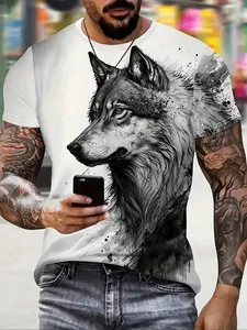 Streetwear Animal Anime Cool Wolf Digital Print Knit Men's Fashion Short Sleeve Round Neck T-Shirt, Summer Outdoor Casual Fun Gift Tee