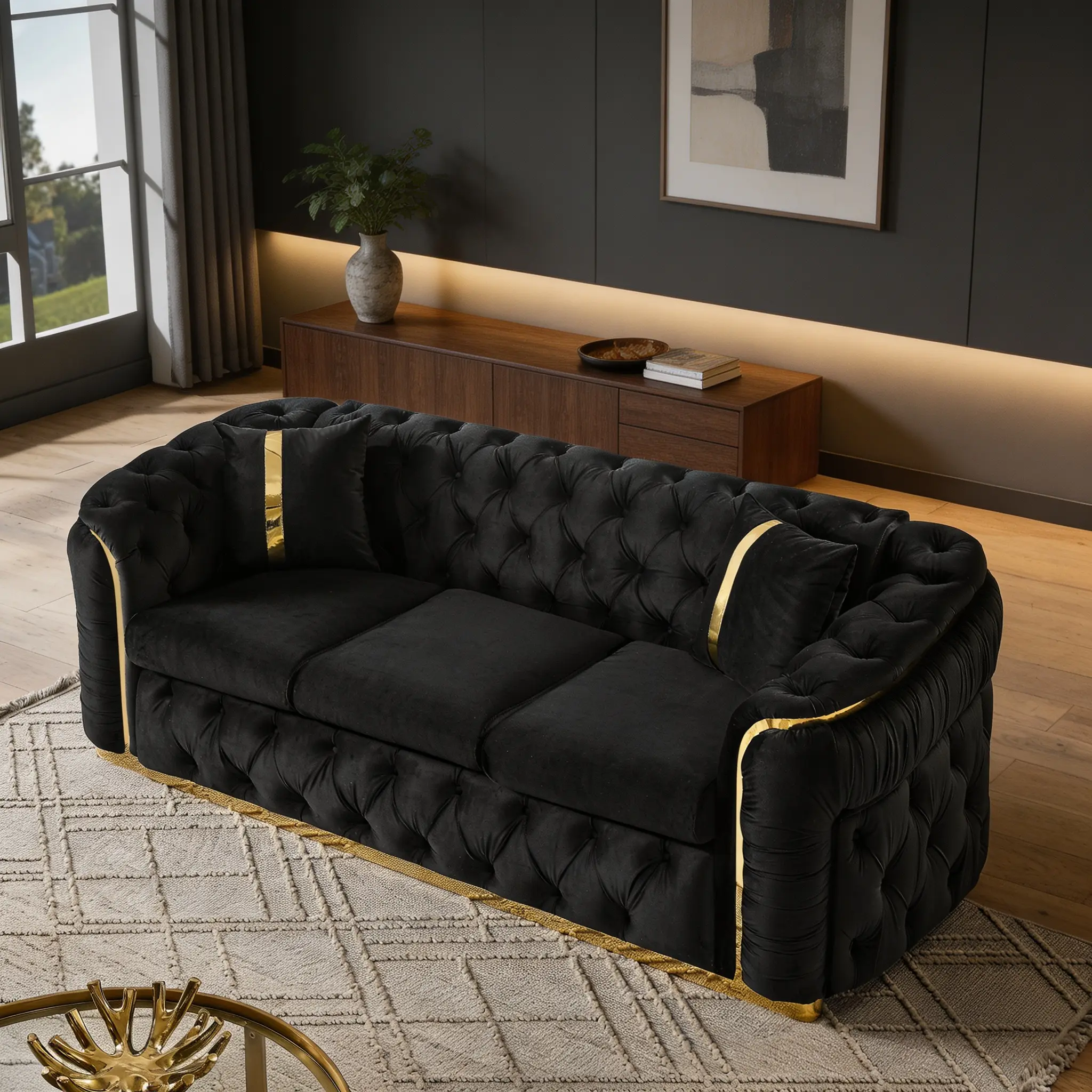 90.6 x 35.5 x 31.5-Inch Luxury Italian Velvet 3-Seat Chesterfield L Shape Sectional Sofa - 280g Black Fabric, Button-Tufted, 2 Pillows, Gold Stainless Steel Accents, Sponge, 140 lbs Indoor Metal Frame Sofas for Living Room, Luxury Living Room Furniture