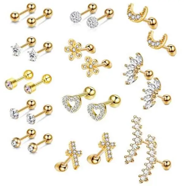 Women's 12 Pairs 16G Hypoallergenic Surgical Steel Gold Stud Earrings Set - Chic Body Jewellery, Body Jewellery with Moon Star Heart Shapes, Lightweight for Helix, Tragus, Gold Rose Gift for Anniversary, Christmas