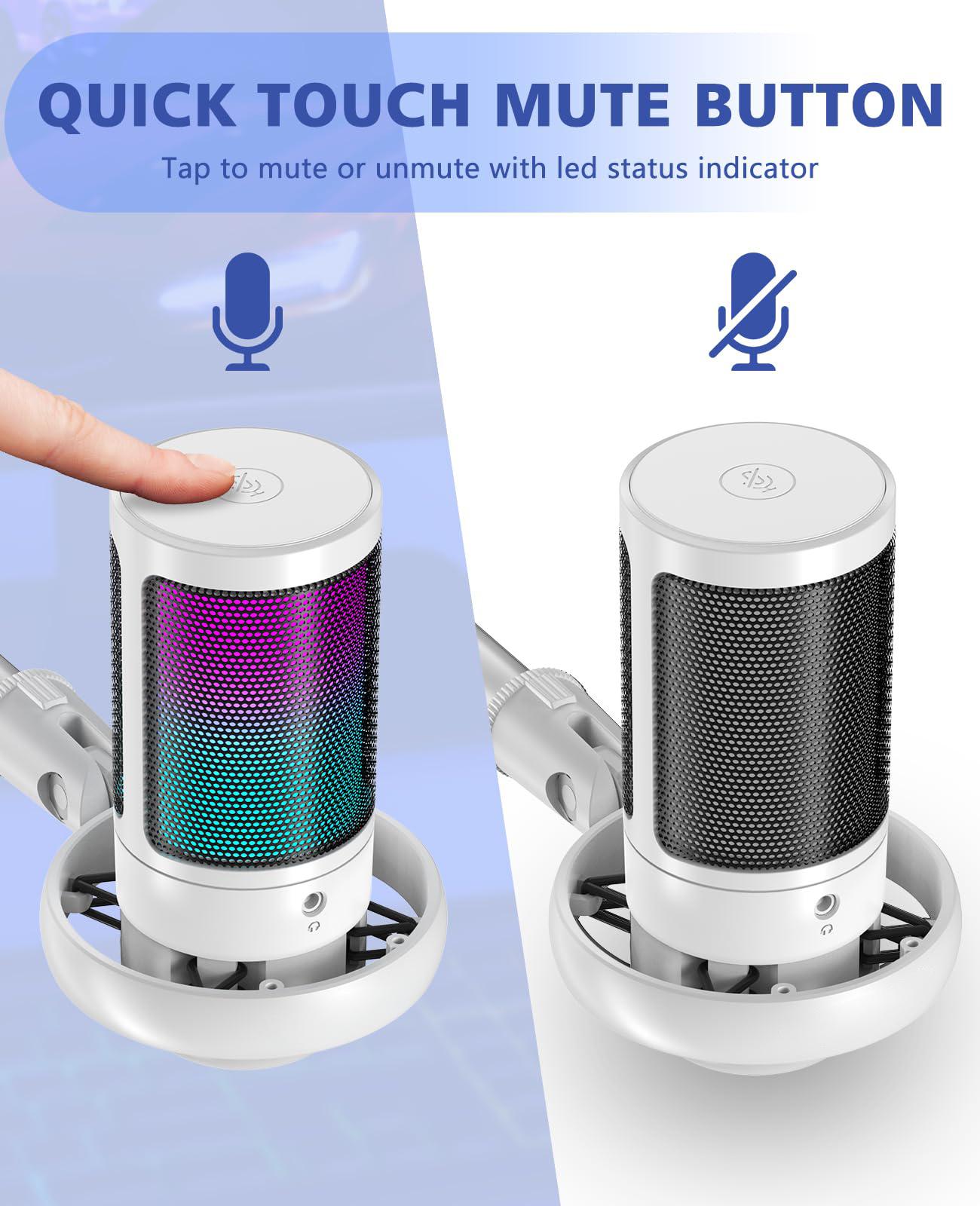 USB Microphone for Computer, Condenser Mic with One-Touch Mute and Adjustable Gain Knob, Includes Stand, Pop Filter, RGB Indicator and Shock Mount, Ideal for Podcast, Video and Streaming, Compatible with PS4/5 and PC USB Microphone for Computer, Condenser Mic with One-Touch Mute and Adjustable Gain Knob, Includes Stand, Pop Filter, RGB Indicator and Shock Mount, Ideal for Podcast, Video and Streaming, Compatible with PS4/5 and PC