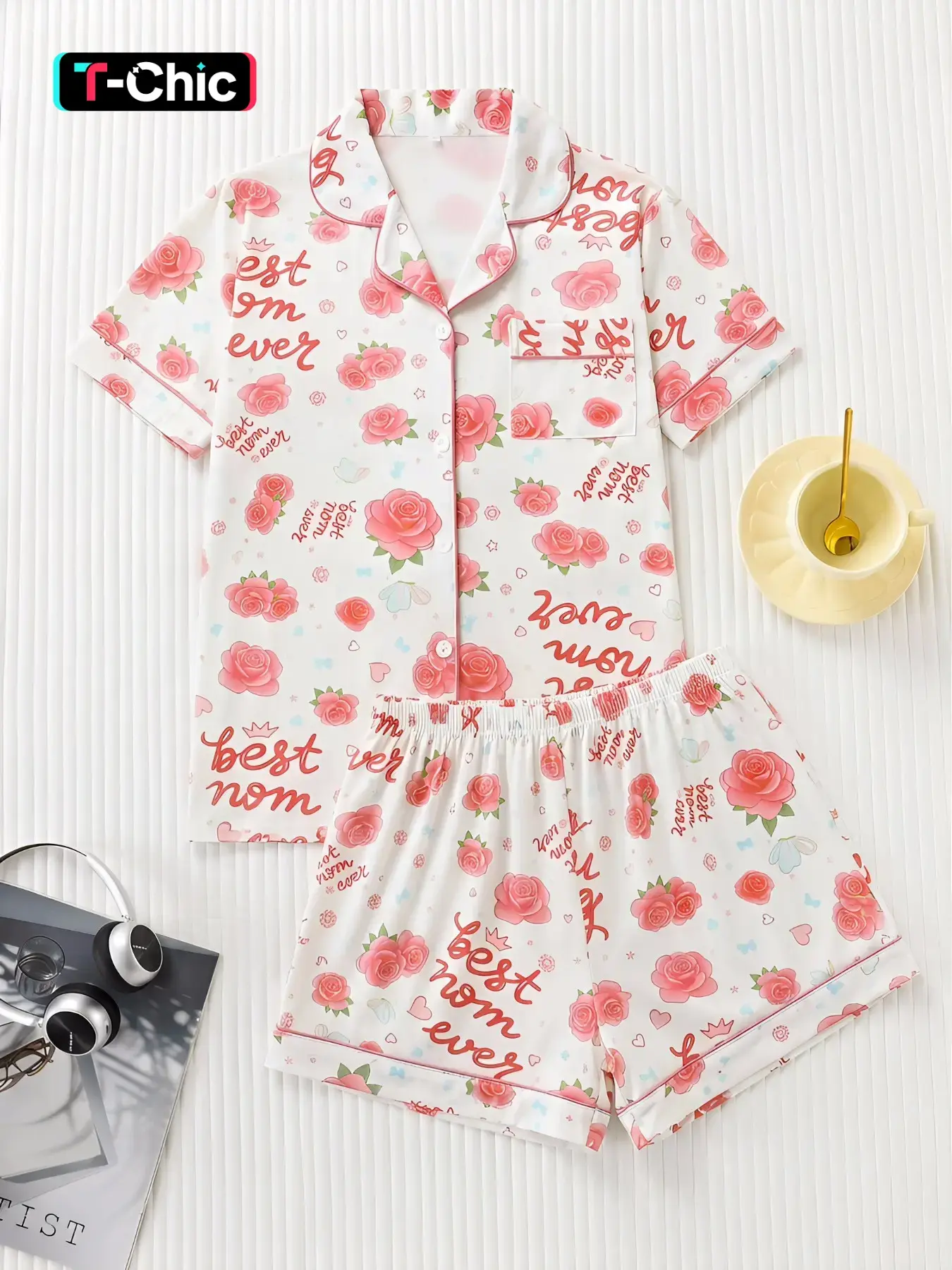 Women's Sweet Rose Letter Full-Print Pajama Sleepwear Loungewear Set, Premium Smooth Fabric, Skin-Friendly Comfort, Loose Lightweight Lapel Button Short Sleeve Top and Shorts