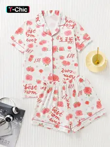 Women's Sweet Rose Letter Full-Print Pajama Sleepwear Loungewear Set, Premium Smooth Fabric, Skin-Friendly Comfort, Loose Lightweight Lapel Button Short Sleeve Top and Shorts