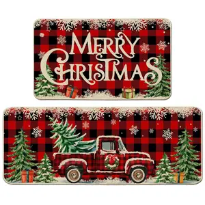 Christmas Kitchen Floor Mats, Christmas Kitchen Rugs Set of 2 - Farmhouse Truck Red Buffalo Plaid Christmas Kitchen Decor - Bathroom, Home, Indoor Christmas Decorations 40*60+40*120cm