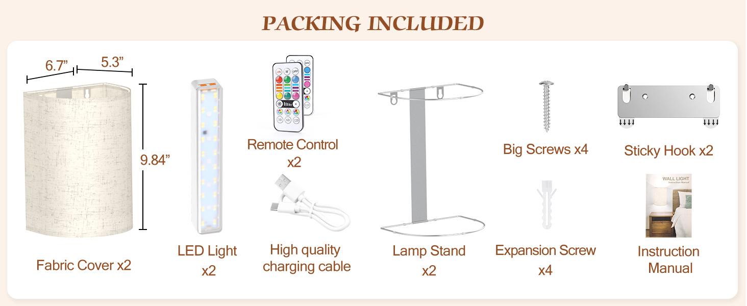 Battery Operated Wall Sconce: Wireless Wall Sconces Set of Two Magnetic Lamp Rechargeable Lights Dimmable with 16 RGB Colors Fabric Linen Shade with Remote Walls Decor for Bedroom Living Room