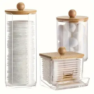 3 PCS   Cotton Swab Holder Bathroom Dispenser Storage Box Clear Jar with Bamboo Lid for Cotton Balls Swabs Pads Flosser Home Organizing Supplies Organiser