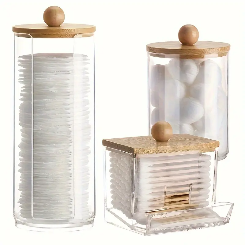 3 PCS Cotton Swab Holder Bathroom Dispenser Storage Box Clear Jar Canister Container with Bamboo Lid for Cotton Balls Swabs Pads Flosser Home Organizing Supplies Organiser