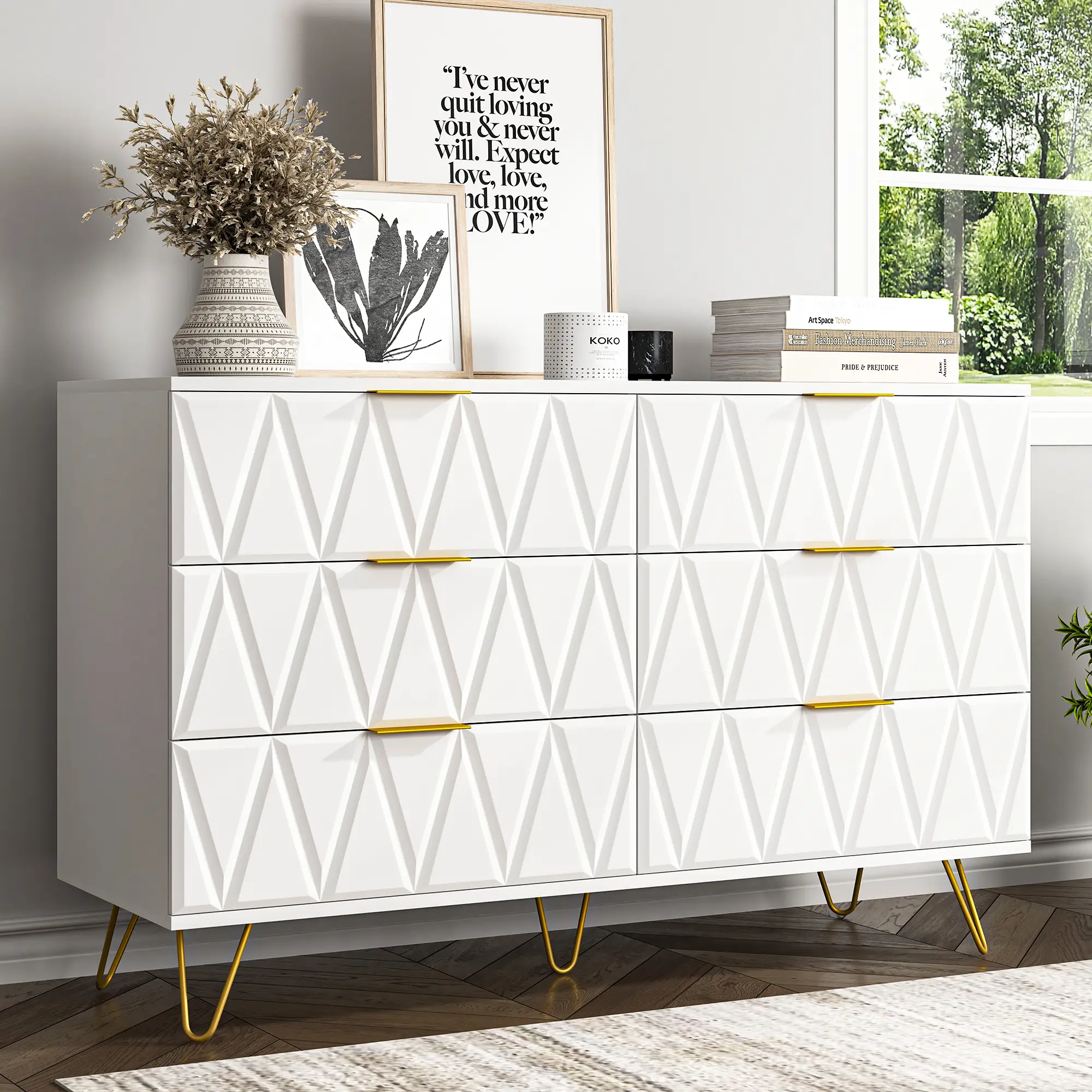 Spaco 6-Drawer Dresser,Wood Storage Drawers,Chest of Drawers,Metal leg and X-shape Dresser for Bedroom, Living Room, Home Office (White)