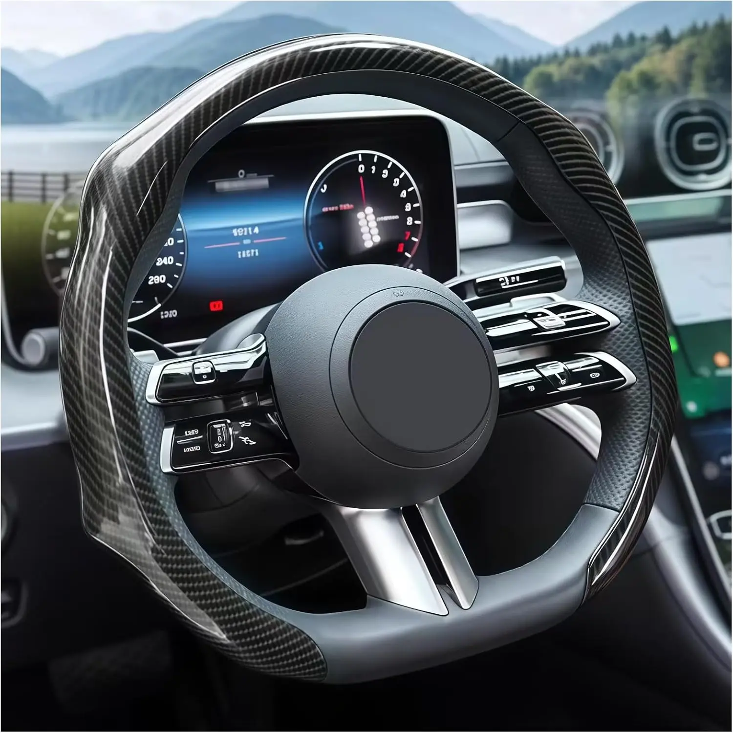 5D Carbon Fiber Steering Wheel Booster Cover - Non-Slip, Comfortable, Scratch-Resistant Car Interior Accessory for Driving - Easy Install, Sporty Look, Extends Service Life - Universal Fit for 14-15.74 in Wheels (Most Cars, SUVs, Trucks), 14-15.74 Inches