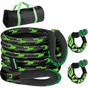Kinetic  Rope, 1" x 20ft 48500LBS, Kinetic Rope  Kit with 2 Soft Shackles, Heavy Duty Offroad Snatch Strap, 35% High Elasticity Tow Ropes for  SUV UTV, Black & Green Mixed