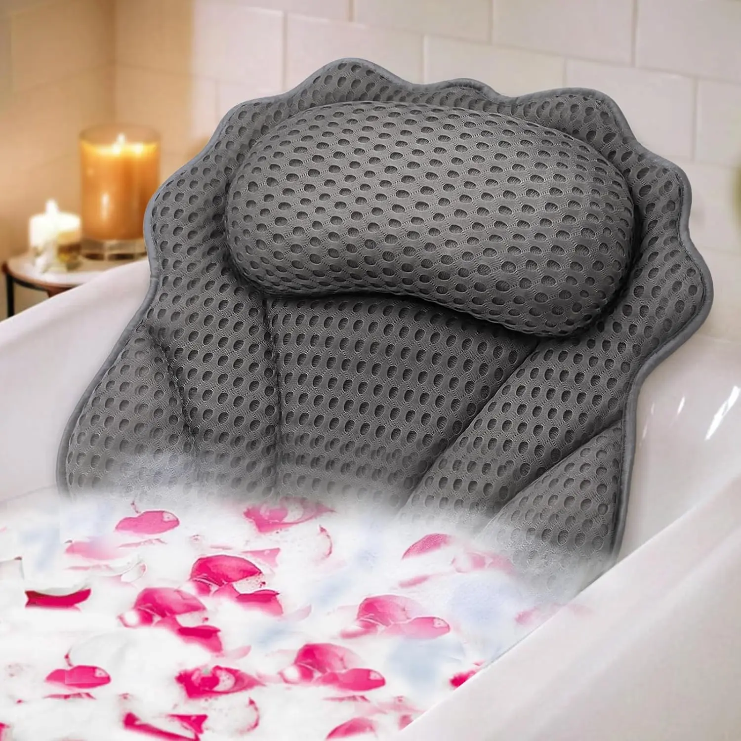 Luxury 3D Mesh Bath Pillow for Bathtub - Ergonomic Head, Neck & Back Support Cushion, Non-Slip Quick-Drying Machine Washable Tub Mat, Relaxing Home Spa Gift for Women & Men
