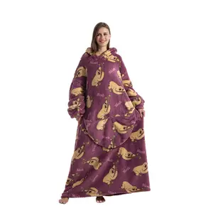 Comfortable Coral Fleece Blanket Shawl with Sleeve Design, Oversized Long Wearable Hoodie, Adult Thick Polyester, Casual Fall Winter Pullover, Cozy Hooded Blanket