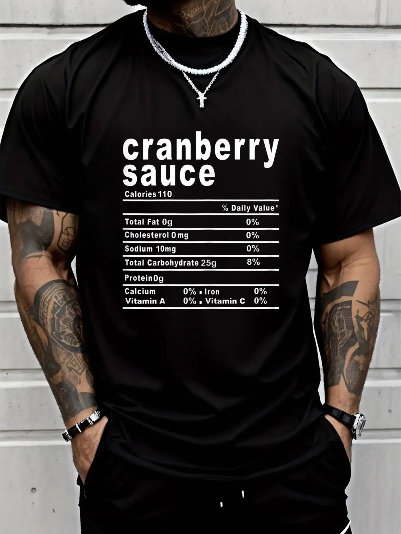 100% cotton Cranberry Sauce Nutrition Facts Thanksgiving Gift T-Shirt Printed T-shirt, Short-sleeved Crew Neck Casual Top, Suitable For All Seasons, Men's Wear
