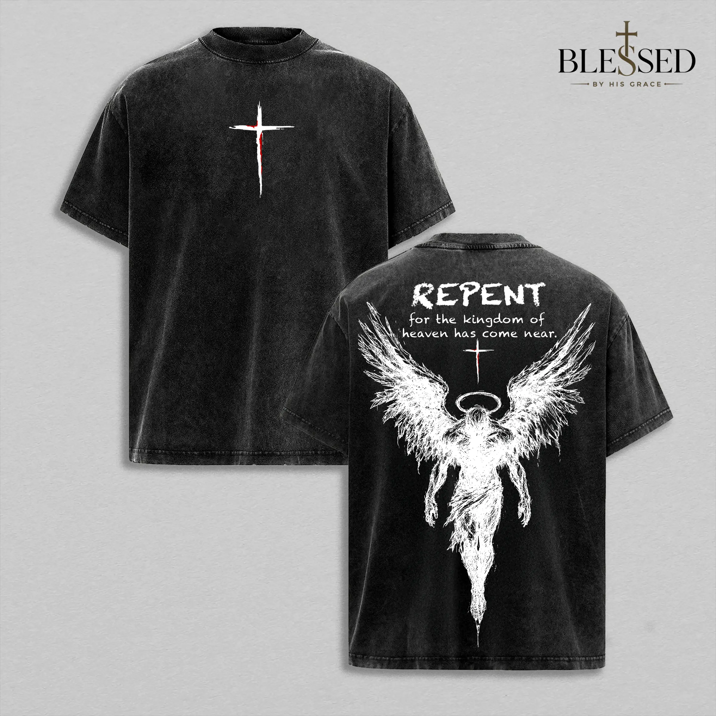 Repent Vintage Washed Oversized Christian T-Shirt, Angel Wings Faith Graphic Tee, “Kingdom of Heaven Has Come Near” Gospel Streetwear Top, Heavy Cotton Unisex Retro Worship Shirt Seamless Classic