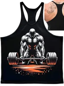 Men's Fitness Tank Top, Muscle Athlete Deadlift Print, Quick-Dry Breathable Sleeveless Sports Y-Back Shirt, Ideal for Strength Training