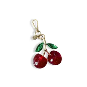 Cherry Charm Bag Decoration - Sparkling Red Cherries with Gold Accents for Handbags Backpacks or Key Rings