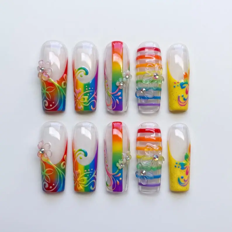 Rainbow Floral Press On Nails | 3D Flower Colorful Swirl Nail Art | Bright French Tip Long Square Nails | Y2K Summer Handmade Nail Set