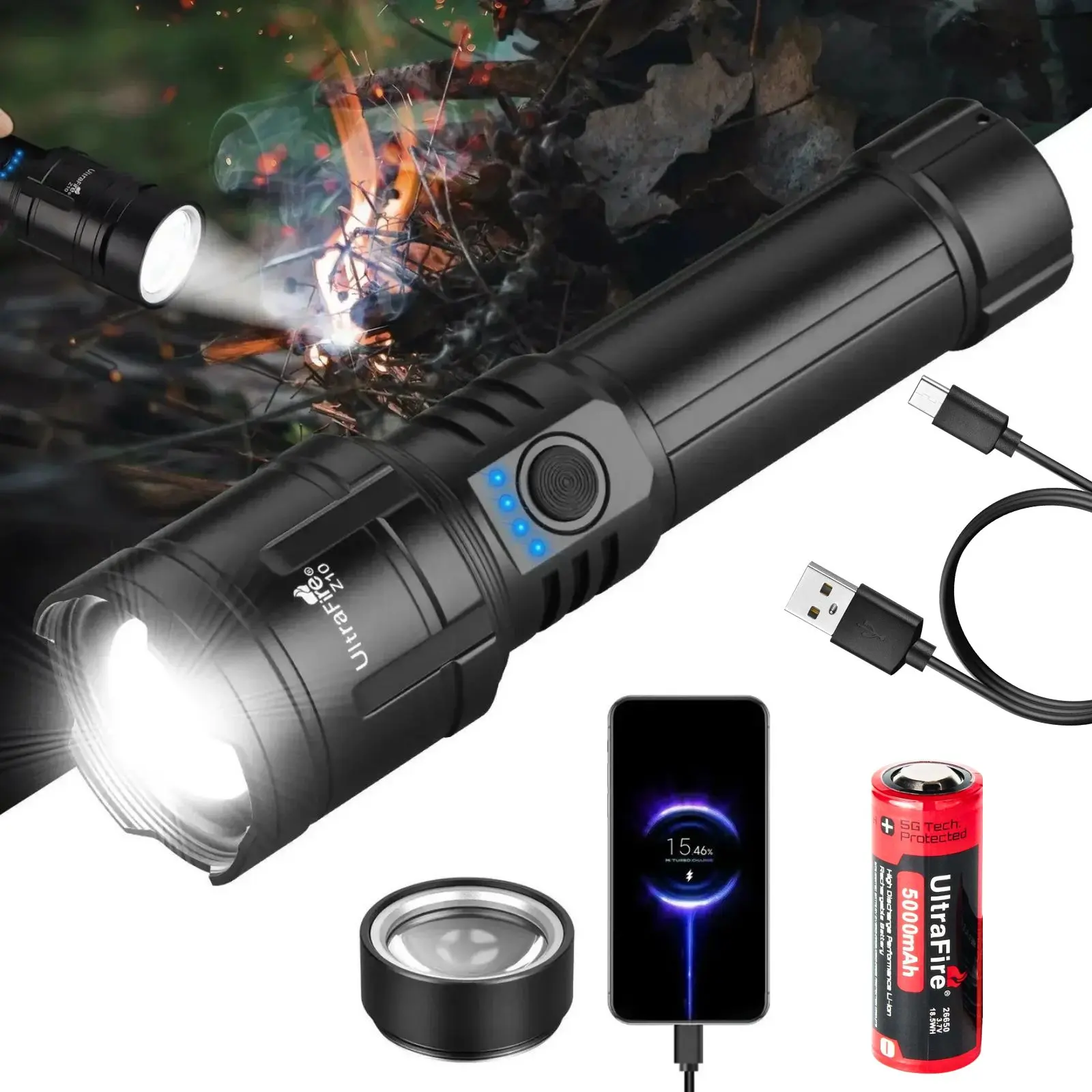 UltraFire Z10 Rechargeable Tactical Flashlight, 1500 Lumens Zoomable Long Throw, with Power Bank & Fire Starter Lens, 26650 Battery for Camping, Survival & Emergencies
