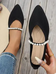 Women's Pointed Toe Pearl Mary Jane Shoes, Soft Sole Flyknit Breathable Flat Casual Shoes, Comfortable Office Wear, Versatile Everyday Footwear