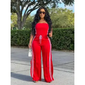 Two-Piece Set Women's Side Striped?Tube Top & Wide Leg Pants, Casual Fashion Cozy Set for Daily Outdoor Wear, Ladies Clothes for All Seasons（gift）