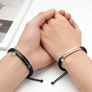 2pcs Magnetic Connection Couple Bracelets, Adjustable Braided Rope with "Forever & Always" Engraving Gift Set