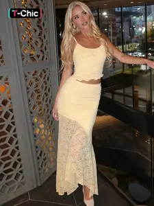 Two-piece Set Women's Solid Lace Sleeveless Short Cami Top & Skirt, Casual Fashion Cozy Minimalist Set for Daily Outdoor Wear, Ladies Clothes Womenswear for All Seasons