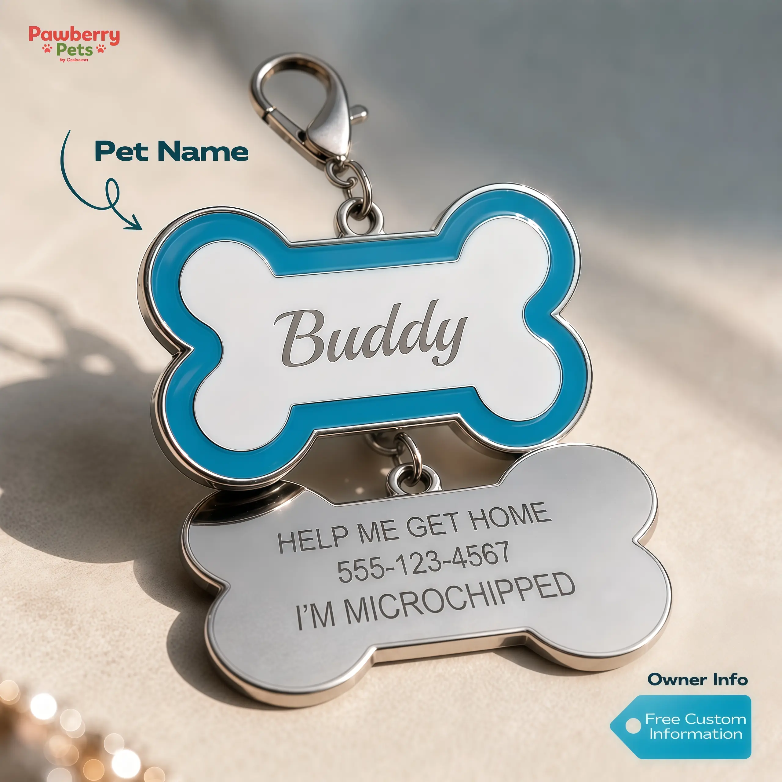 Bone Pet ID Tag for Dogs & Cats, Personalized Name Tag with Custom Engraving, Double-Sided Owner Info Tag with Clip, Cute Dog Collar Charm, Pet Accessories for Puppy Kitten