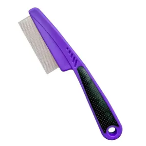 Flea comb with rubber handle, flea and tick comb suitable for dogs and cats, fine-toothed dog comb for grooming (purple)