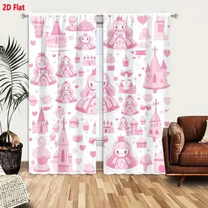 2D Flat Cute Whimsical Princess Castle Heart Pink White Curtain 2-Piece Set, Cartoon Princesses Castle Heart Patterned Curtains for Girls Bedroom, Fairy Tale Style Sweet Decorative Window Drapes with Frosted Cupcake Flower Details, Home Decoration Curtain