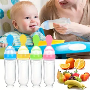 3pcs/2pcs 90ml/3oz Silicone Baby Bottle with Spoon Feeder and Suction Cup,Food Supplement Rice Cereal Squeeze Bottle Spoon Milk Feeding Bottle