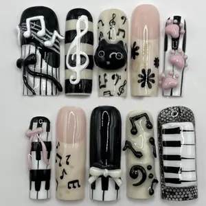 SA11 Piano Muse Press-On Nails, Black & Ivory Keyboard Design with 3D Music Notes and Cat Accent, Chic Artistic Statement Set, Modern Classic Aesthetic, Playful Handmade Nail Art Set, Gift for Her, Handmade Press-On Nails