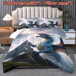 3pc Dragon Pattern Quilt Set (1 Quilt + 2 Pillowcases), Soft Breathable, Digital Print, Suitable for Bedroom Dorm Home Use