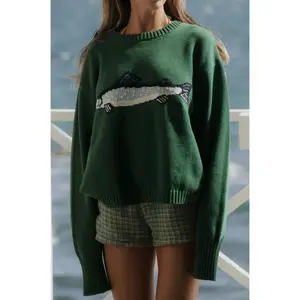 Women Knit Sweater Long Sleeve Crew Neck Fish Pullover Warm Sweater for Fall Winter