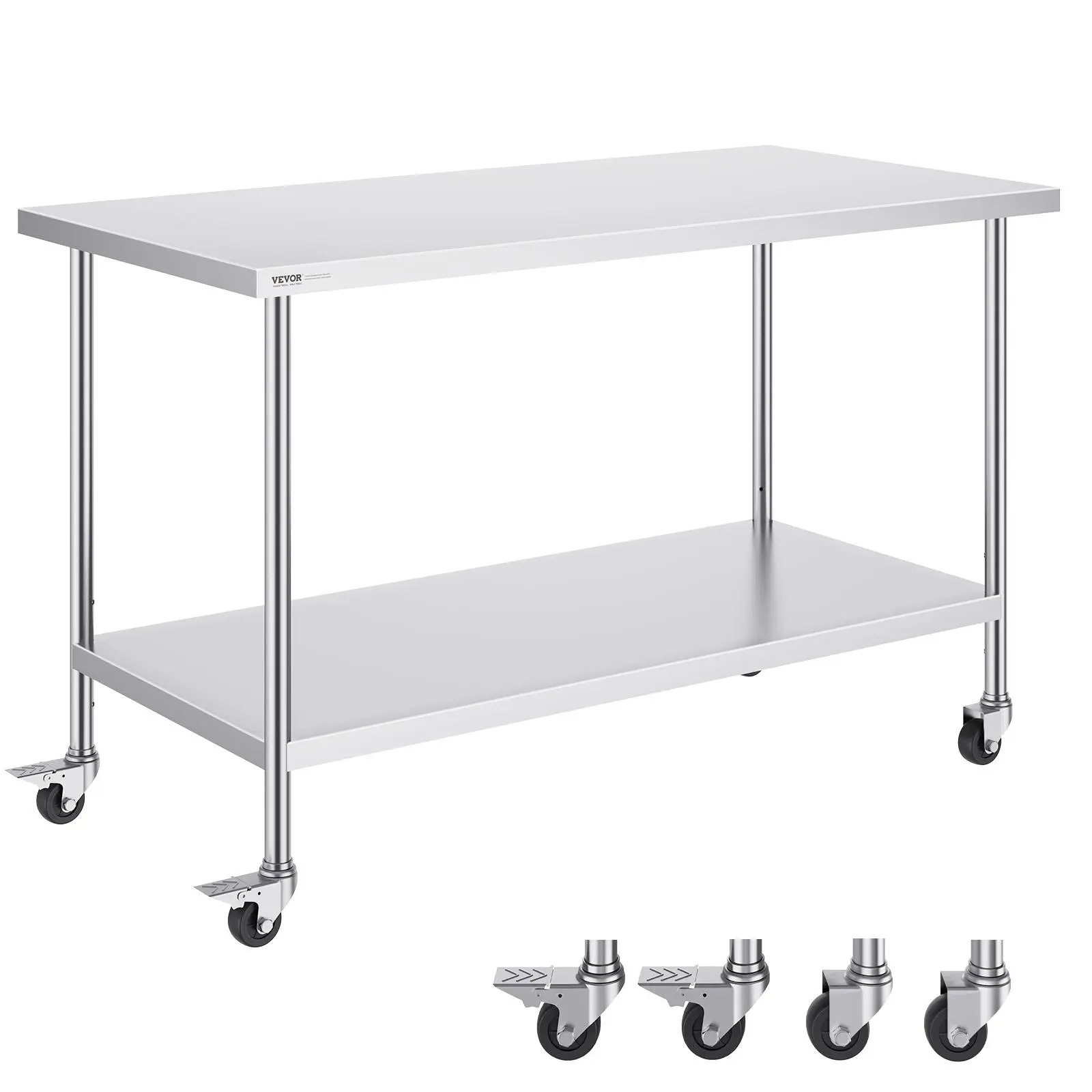 VEVOR Heavy Duty Multifunctional NSF Certified Rectangle Stainless Steel Work Table (30x60x38 in) with 4 Wheels, 3 Adjustable Height Levels, Smooth Shelf, Racks, Universal Organizer for Kitchen/Office, Silver