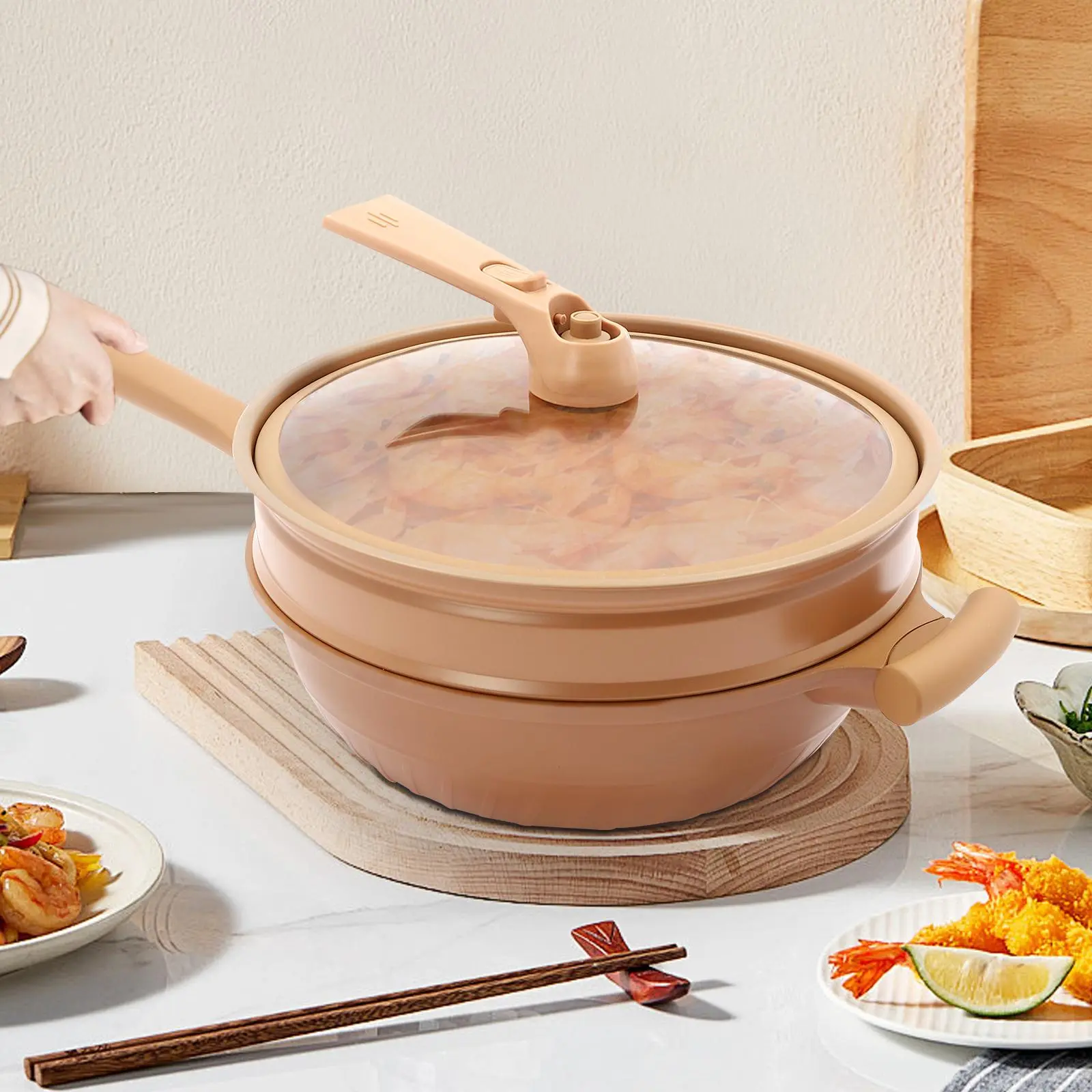 12.6in (32cm) Die-Cast Metal Modern Round Multifunctional Non-Stick Clay Wok Cookware Set - 2-in-1 Micro Pressure Cooker with Steamer Basket, Induction Bottom, Free-Standing Lid, Constant Pressure Relief Valve for Home Kitchen Deep-Frying, 12-13 Inch, Dor