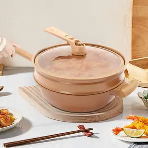12.6in Multifunctional Non-Stick Clay Wok With Steamer Basket,Pottery Clay Non-stick Micro Pressure Pot 2-in-1 Micropressure and Induction Bottom with Free-standing Lid Stir Fry Pan for home kitchens