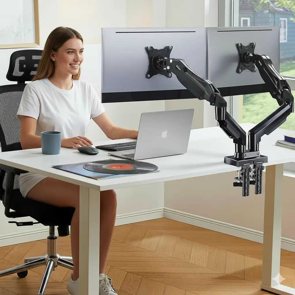 Dual Monitor Stand for 13‘’–32‘’ Screens, Each Arm Holds 4.4–19.8 lbs – HUANUO Fully Adjustable Desk Mount with Swivel VESA Bracket, C-Clamp & Grommet