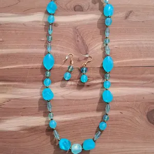Turquoise and Gold Brass Beaded Necklace and Earring Set with Vibrant Aqua Beads for Elegant Outfits