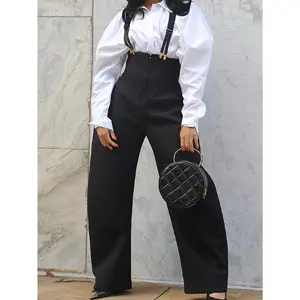 Vintage Chic Suspender Wide Leg Pants Set - White Oversize Shirt & Black High-Waist Trousers for Office & Street Style Fashion Womenswear with Adjustable Suspenders and Gold Hardware