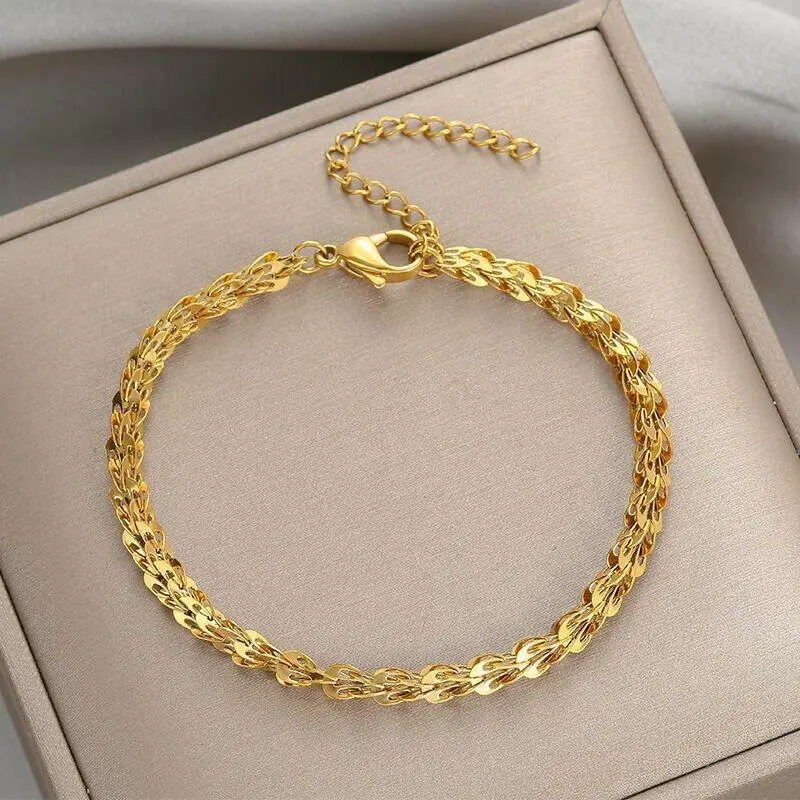 3mm Woman 18K Gold Plated Stainless Steel Starry Sequin Braided Bangle Bracelet