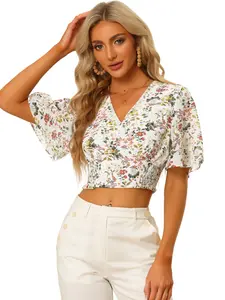 INSPIRE CHIC Floral Flare Short Sleeve V Neck Summer Smocked Crop Top