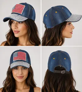 USA Rhinestone Denim Cap for Women | Sparkly American Flag Baseball Hat | Bling Patriotic Adjustable Jean Cap | 4th of July Fashion Accessory