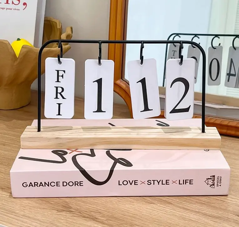 Wooden Perpetual Flip Calendar with Metal Stand - Minimalist Reusable Desk Calendar for Home & Office Decor