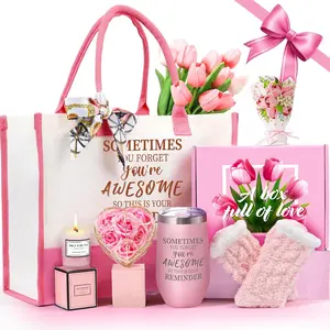 Gifts Baskets for Women, Birthday Baskets for Mom, Sister, Her, Employee, Wife, Thanksgiving Day, Christmas Gifts for Women, Care Package,  Sets with Canvas Tote Bag Sock Tumbler Soap Flower