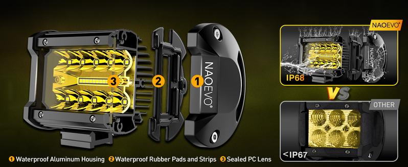 NAOEVO 4 Inch LED Pod Lights, Spot Flood Amber Lights with 2 Leads Wiring Harness, Cube Pods for Truck, Boat, ATV, UTV, 2 Pcs (Yellow)