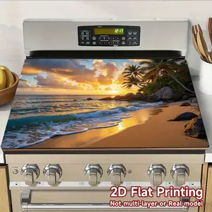 1, tropical beach sunset cooker mat | Induction cooker/stove protection mat, bright ocean waves and palm tree design, easy-to-clean surface, compatible with ceramic and electric cooker, stove cover | Modern kitchen decoration