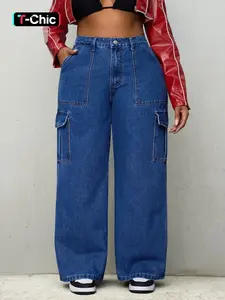Women's Plus Size Workwear Jeans, Large Pocket Design, Loose Fit, Casual Style, Fashionable Daily Wear, All Seasons Women's Denim Jeans