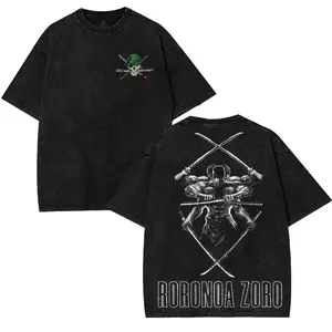 Three Sword Warrior Oversized Anime T-Shirt – Vintage Washed Pirate Hunter Graphic Tee | Inspired by Legendary Swordsman | Unisex Manga Streetwear for Otaku Fans Cotton Fabric men Menswear Top Seamless Tshirt Tropical Crewneck