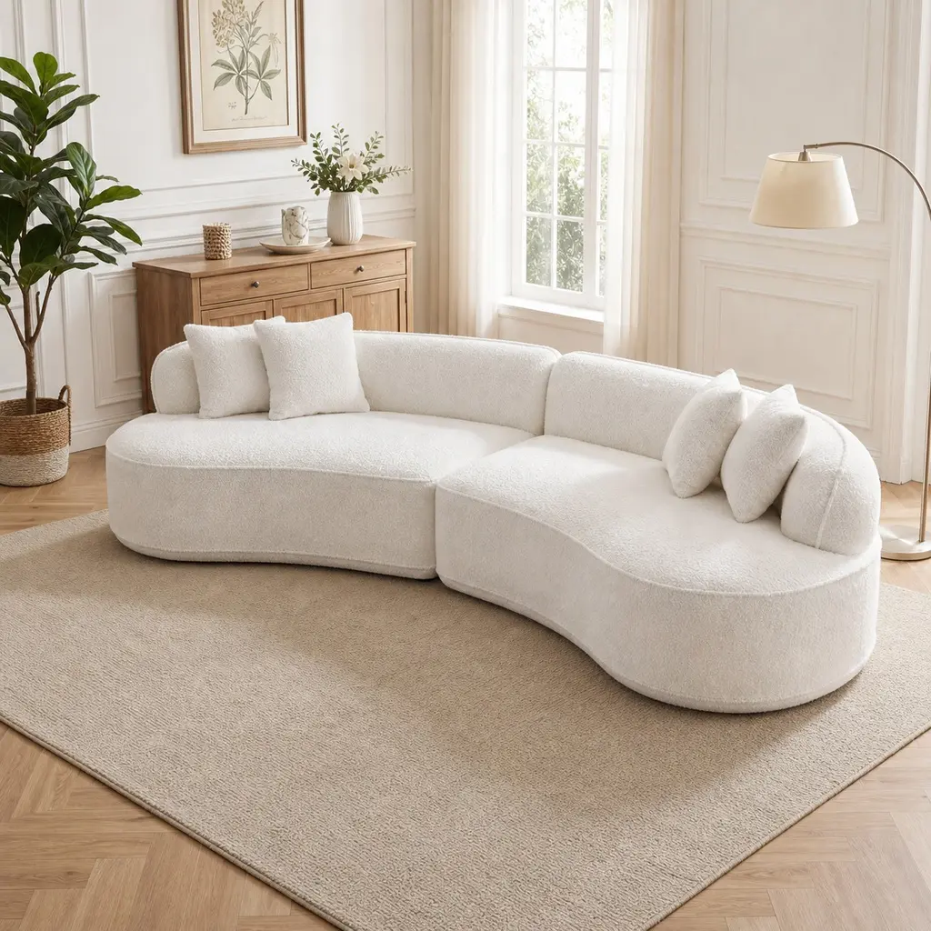 Modern Curved L-Shape Luxury Sectional Oversized Sofa Couch for Living Room, Apartment, Reception - White Boucle Fabric, Foam+Spring, 4-Seat, No Assembly Required, Vacuum-Sealed, White Color Options, Foam+Spring Material, 4 Seat Seat Count